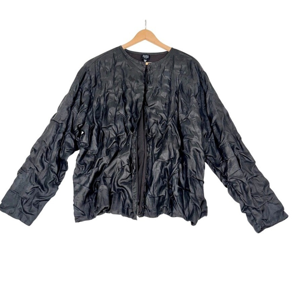 EILEEN FISHER Silk Open Cardigan Cotton Lining Black Textured Jacket 2XL
